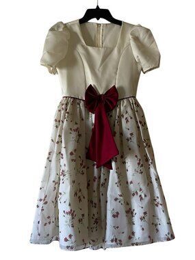 Little Miss Girls Floral Party Dress Ivory Red Bow Puff Sleeve Size 10
